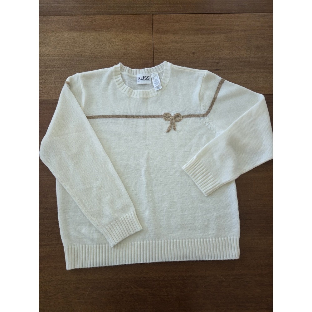 Vtg Russ Ribbon Sweater Women's Xl Cream Liz Claiborne Bow Preppy Pretty 80s 90s